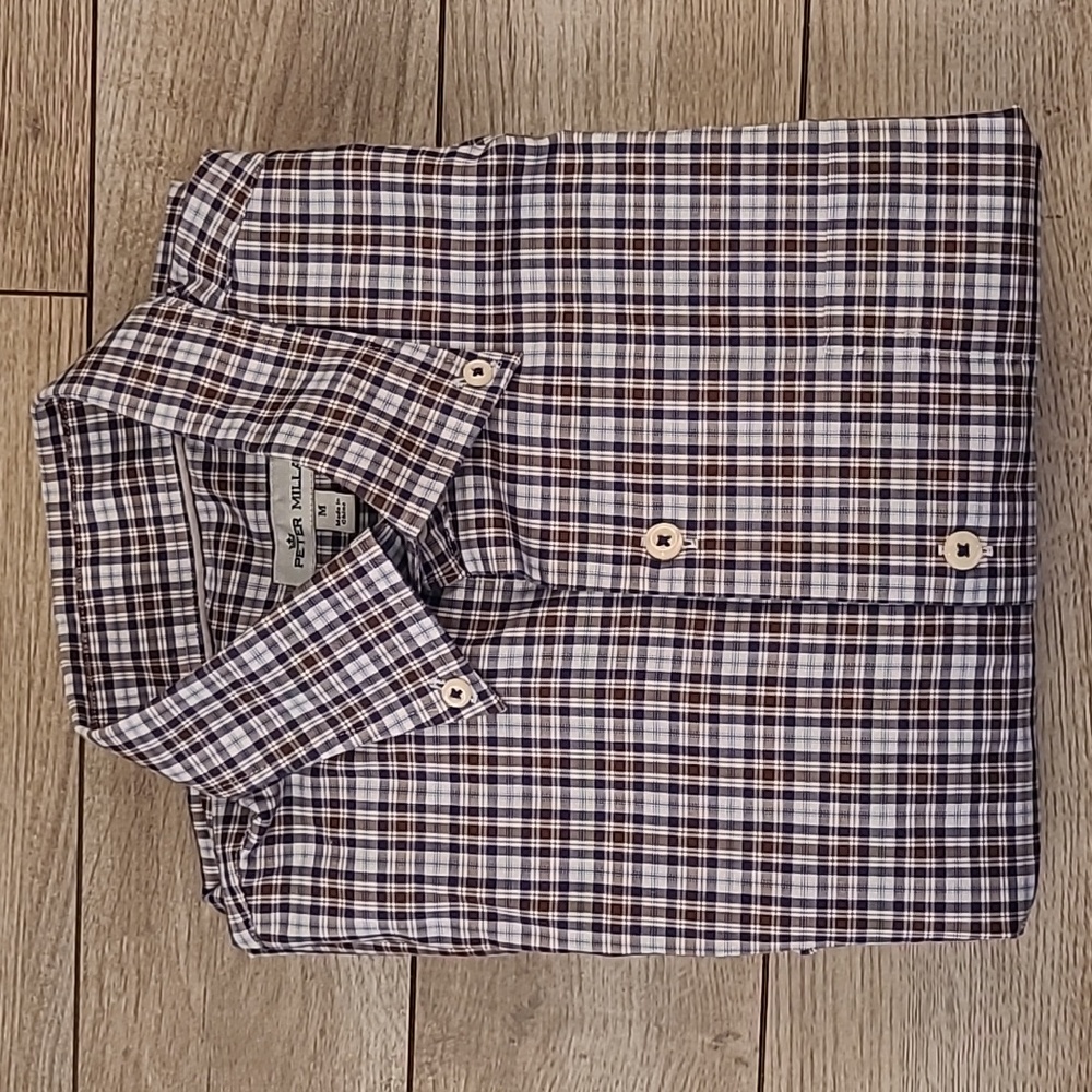 PETER MILLAR Brown Navy Blue Plaid Cotton Blend M Mens Long Sleeve Casual Shirt